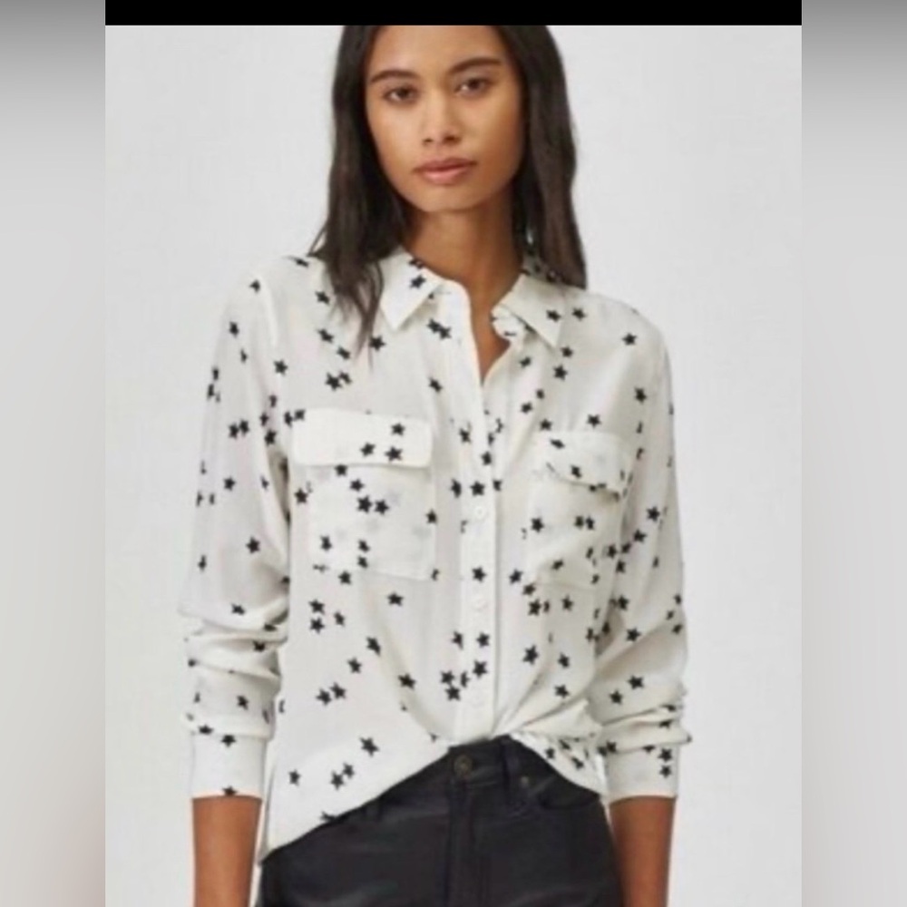 Equipment Signature Silk Blouse X-Small White w/ Black Star Print NEW